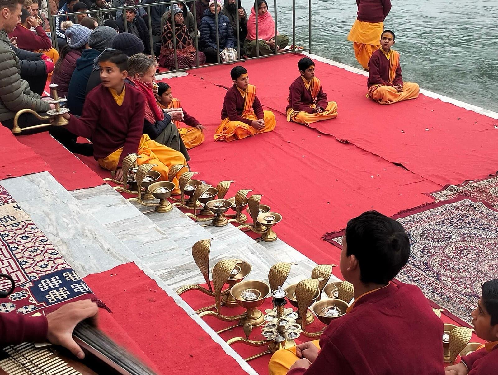 Evening Ganga aarti ceremony with fire lamps in Rishikesh