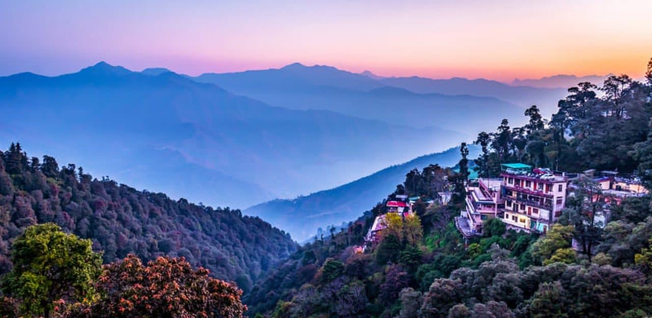 Sunset over the forested hills above the Doon valley near Mussoorie