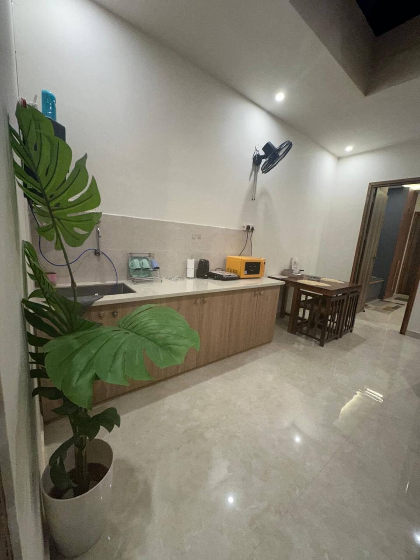 Boho by Starfish: Kitchen counter with sink, microwave and wall fan beside a potted monstera