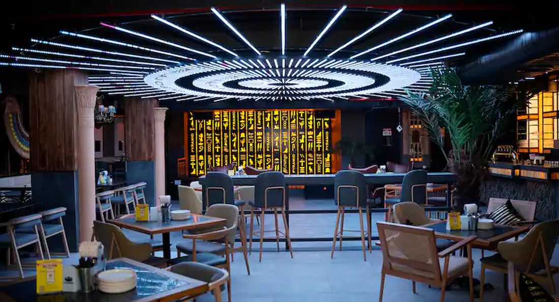 The Pyramid microbrewery and lounge in Dehradun with its LED-ring ceiling and bar
