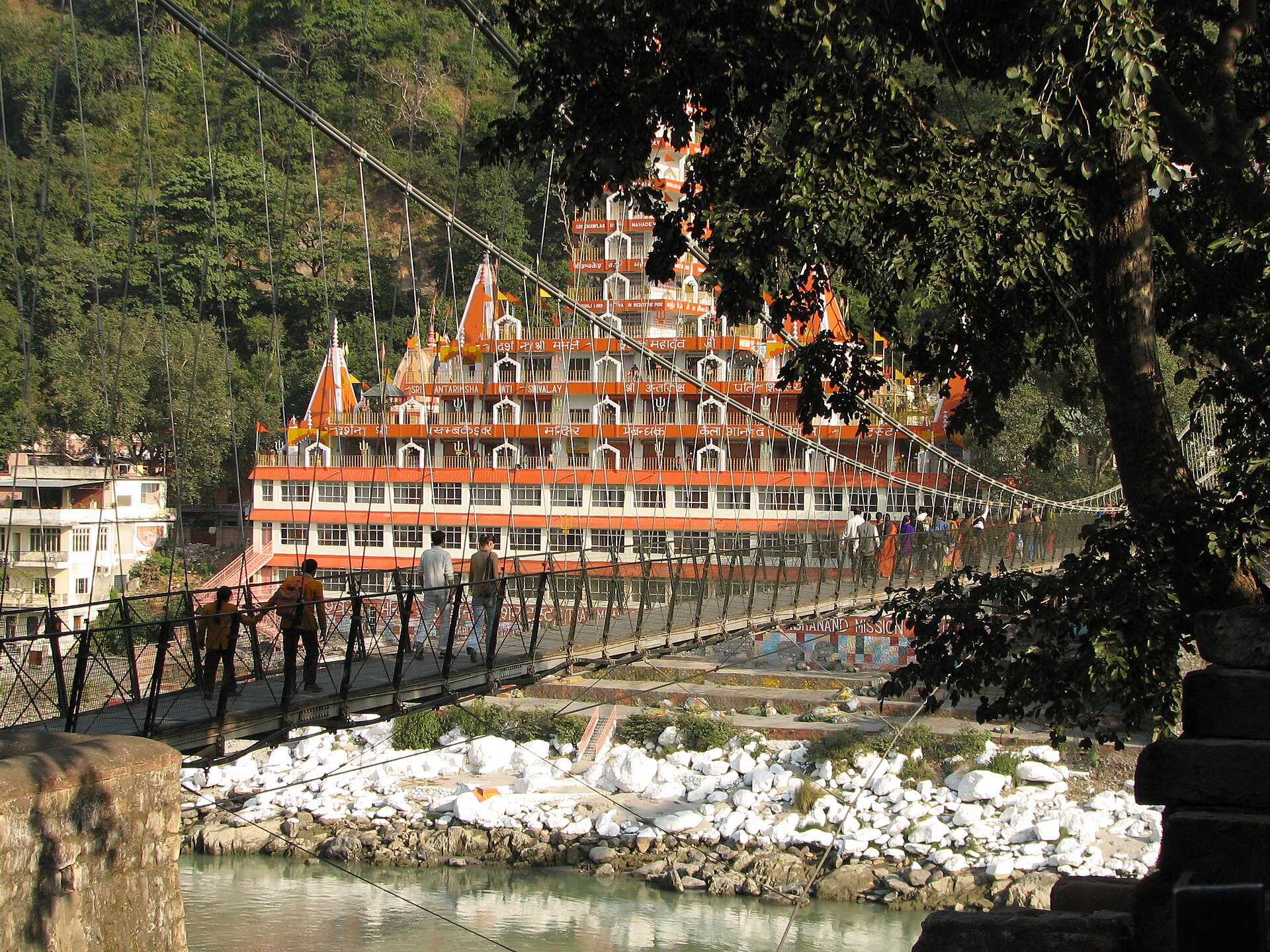 The Lakshman Jhula suspension bridge over the Ganga at Rishikesh